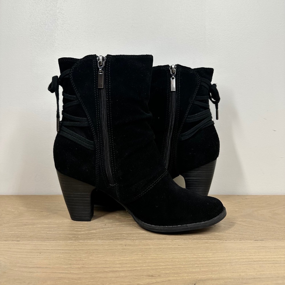 Clarks Ankle Boots Womens 8 Black Leather Lace Up Block Heel Moto Western - Picture 4 of 13